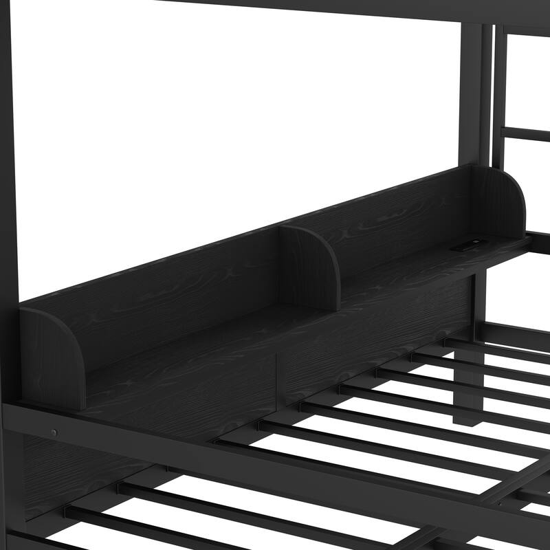 Queen over Queen Bunk Bed Frame with USB Ports, LED Lights, Net Storage Shelves and Drawers, Lower Bed Converted into Sofa