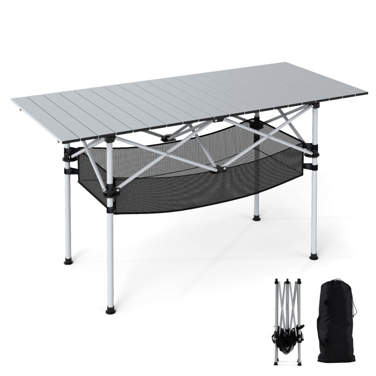 Aluminum Patio Folding Camping Table with Bag and Mesh Basket - 47" x 22" x 27" (L x W x H) - Silver