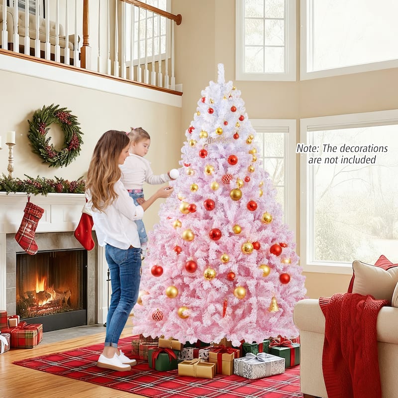Gymax Artificial Christmas Tree Hinged Snow Flocked Xmas Tree w/ - Pink, White