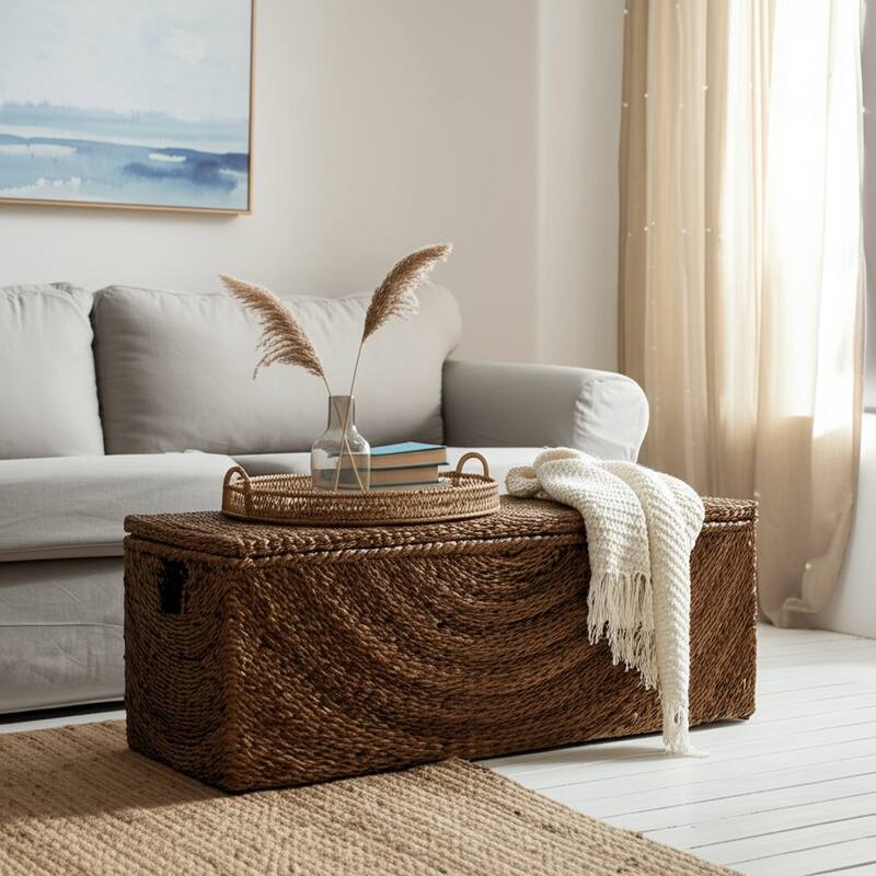 Woven Upholstered Storage Bench Wide Seat - Brown, 19 in. - 47.0"