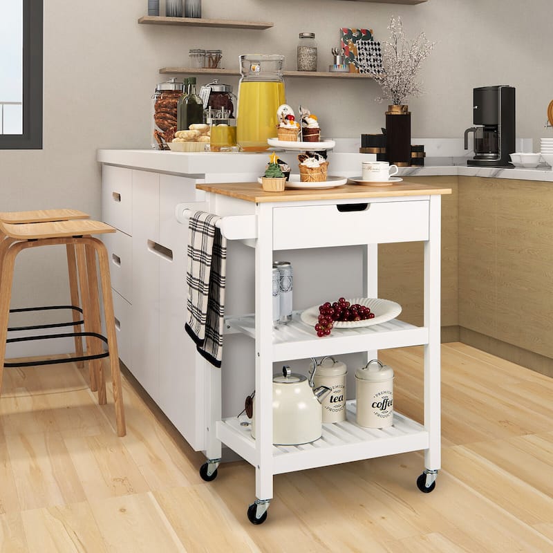Gymax 3-Tier Kitchen Island Cart Rolling Service Trolley w/ Bamboo Top
