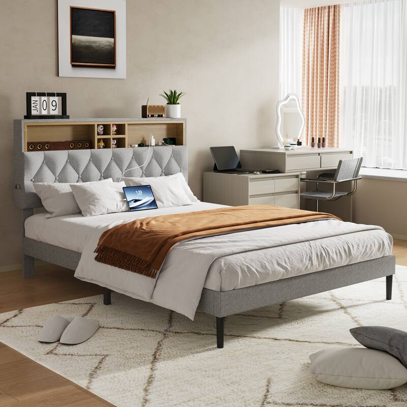 Queen Size Platform Bed Frame with Adjustable Storage Headboard, Built-In Charging Station, Sturdy No-Box Spring Design