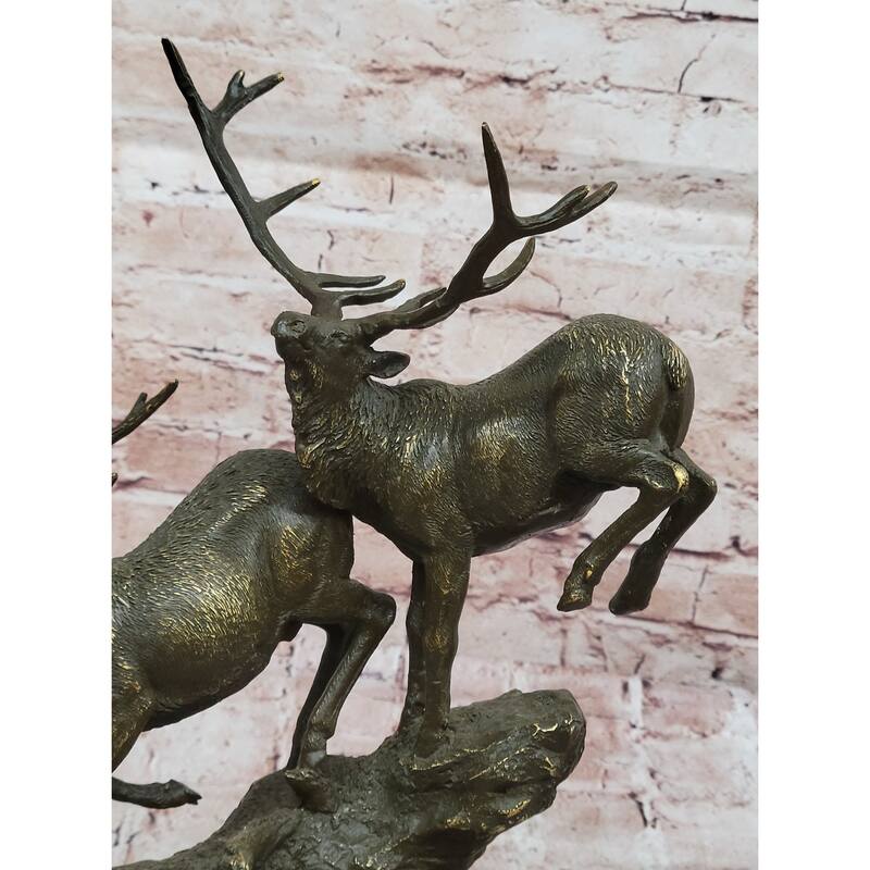 Leaping And Standing Stags Bronze Sculpture - Majestic Deer Wildlife Art