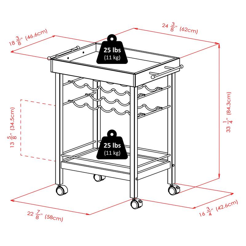 Johnnie Bar Cart, Espresso - 30.71 x 18.35 x 33.19 inches