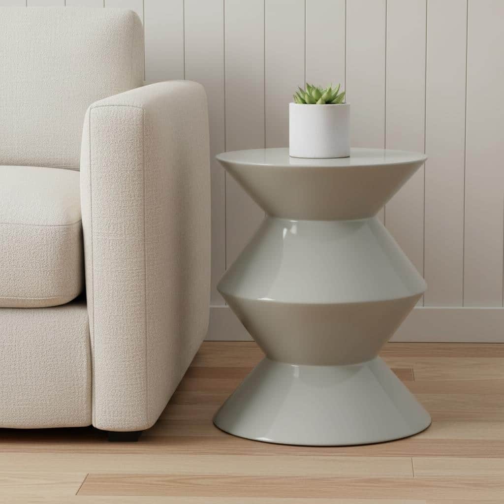HomeRoots 18" Light Gray Wood Round Top Geo Pedestal End Table - 14.00 in. x 18.00 in. x 14.00 in.