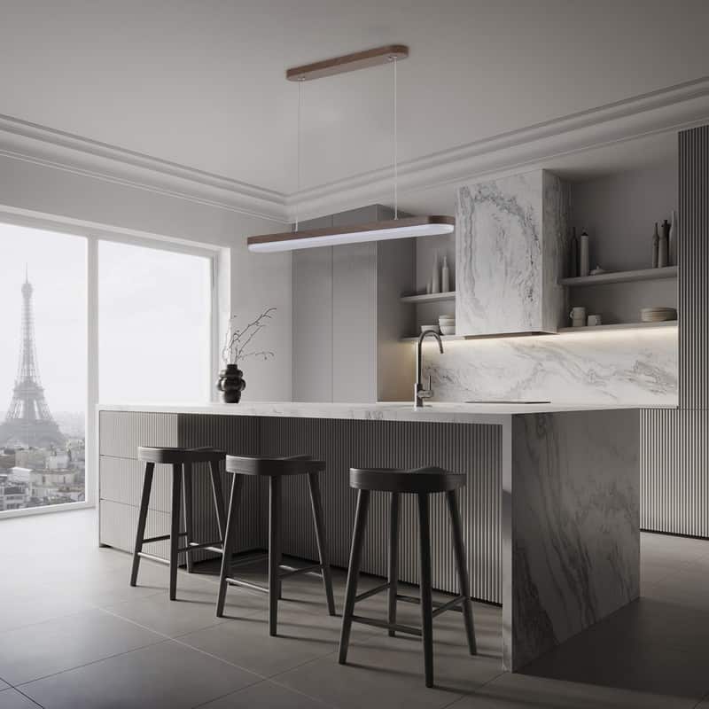 Modern Linear Pendant Light 38.5 Inch Walnut Wood Grain Iron Fixture with Milky White PVC Shade