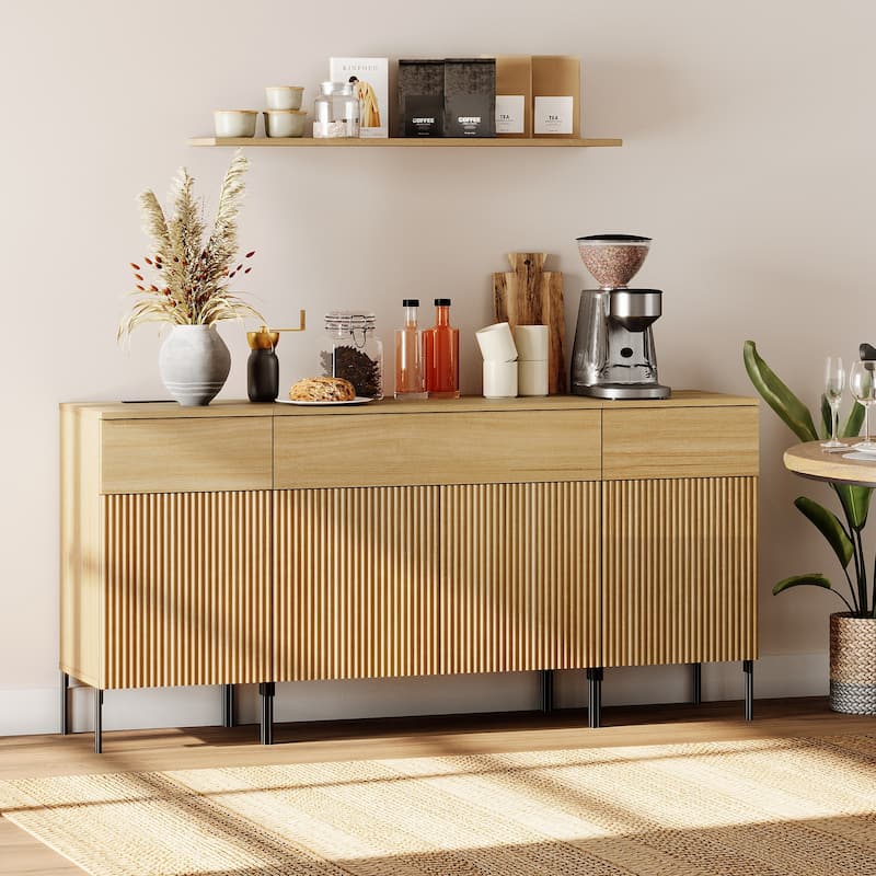 63" Wooden Reeded Sideboard With Doors And Drawers, 3-In-1 Modern Credenza With Charging