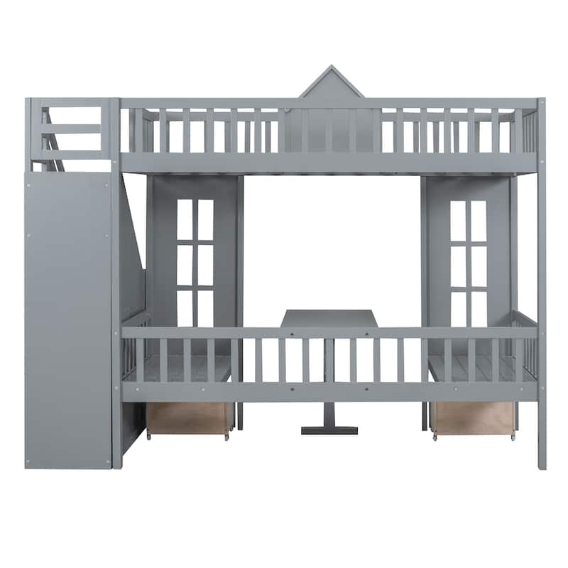 Full Size Wooden Loft Bunk Bed with Table, Seats, and Storage Shelves