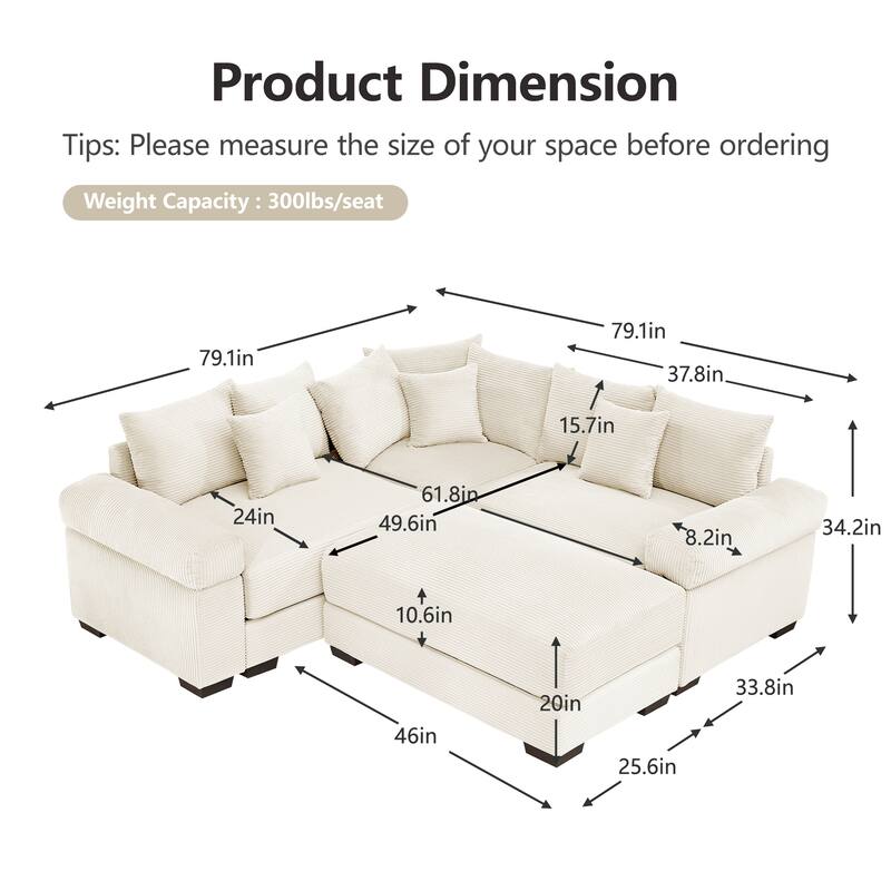 GDFStudio - Corduroy 3-Seater 79.1" Cloud Modular Sectional Couch with Ottoman