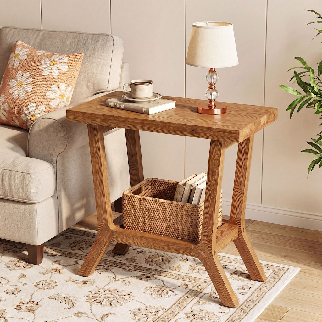 Solid Wood End Table, Small Wooden Side Table with 2-Tier Storage