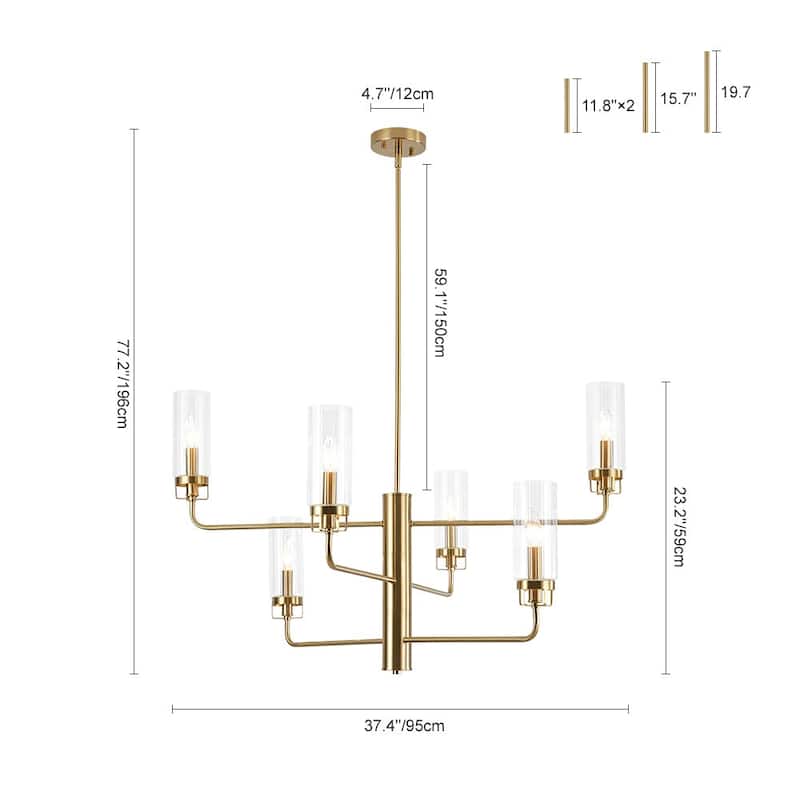 Elegant Reeded Glass 3-Tier Brushed Brass Candle Style Chandelier - 37.4 Inches
