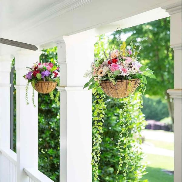 Artificial Faux Hanging Flowers Plants in Basket for Outdoor, Orange Mix  Silk Chrysanthemum Hydrangea Hanging Planter - Bed Bath & Beyond - 40502046