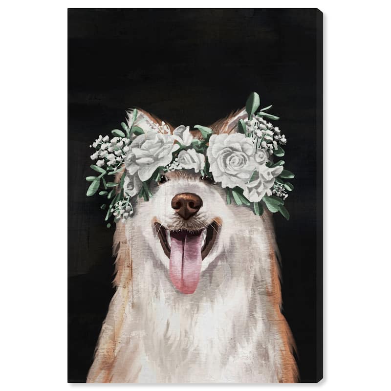 Wynwood Studio Canvas Animals Gorgeous Floral Dog White and Cream White Rustic Wall Art Canvas Print