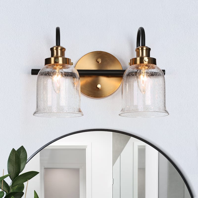 Mid-Century Modern Black Gold 2/3/4-Light Bathroom Vanity Light Seeded Glass Wall Sconces - 2-Light