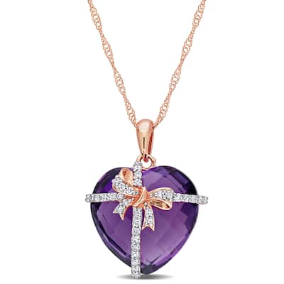 Miadora 12ct TGW Heart-cut Amethyst and 1/8ct TDW Diamond Bow Necklace in 10k Rose Gold