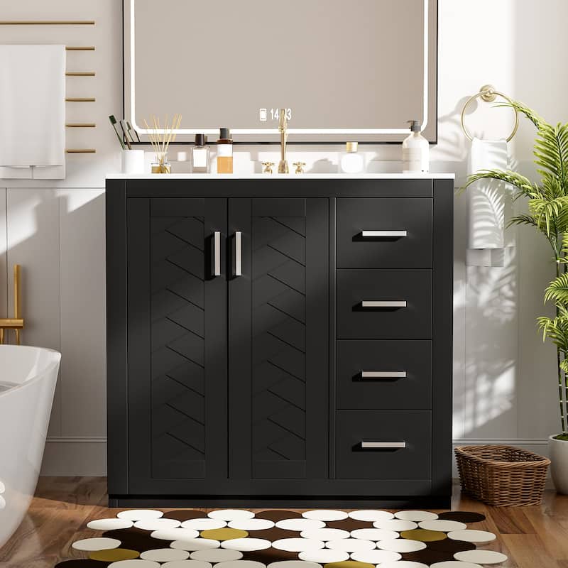 36" Bathroom Vanity Combo with Ceramic Basin, Solid Wood Frame, 3 Drawers, Soft-Close Doors
