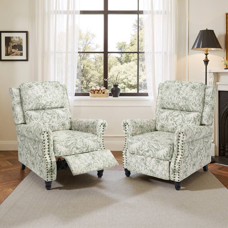 2 Set Manual Pushback Recliner Chair with Nailhead Trim - Rococo Green