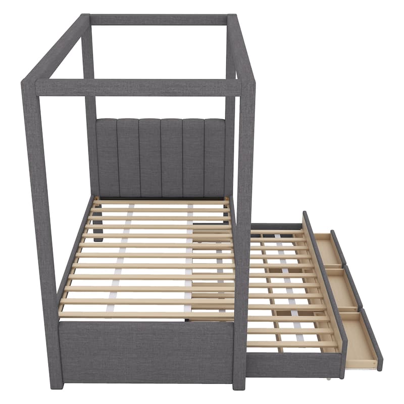 Twin Size Canopy Bed with Trundle and 3 Storage Drawers