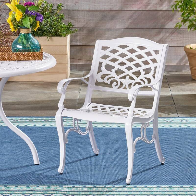 Dieter 4-Person White Aluminum Patio Set - Round Dining Table with Lattice Scrollwork