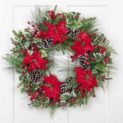Poinsettia and Pinecone Mixed Pine Artificial Christmas Wreath - 30" - Unlit