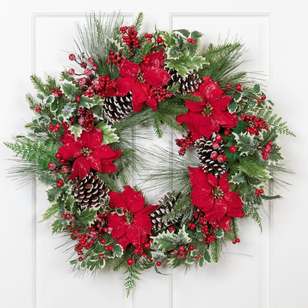 Poinsettia and Pinecone Mixed Pine Artificial Christmas Wreath - 30" - Unlit