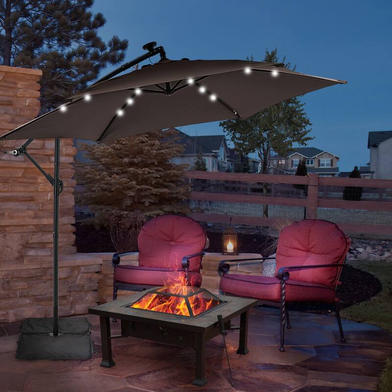 Ainfox 10 ft. Patio Offset Solar LED Umbrellas Cantilever Outside Umbrellas with Base