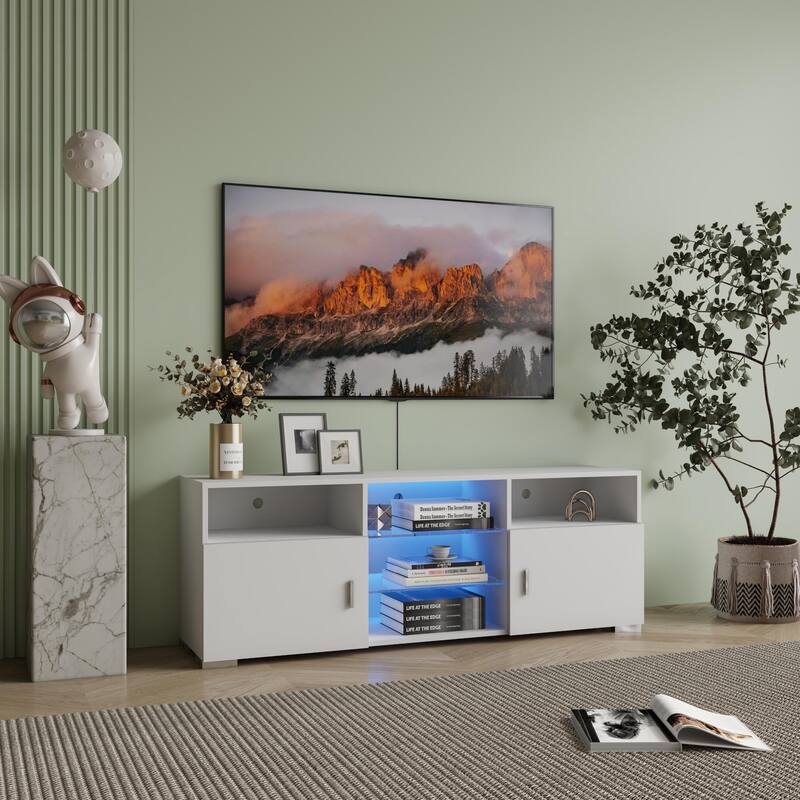 White Modern 57.08" TV Stand with LED Lights, Open Shelves, and 2 Cabinet and for 32-60 Inch TVs