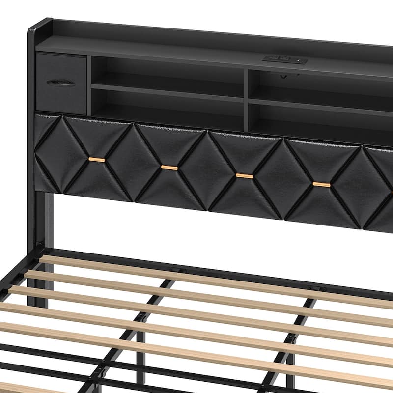 Black Farmhouse Bed Frame Upholstered Headboard Platform Bed with Charging Station