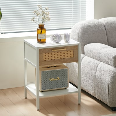 15.74" Rattan End table with drawer, Modern nightstand, metal legs, side table for living room, bedroom(1 pc)