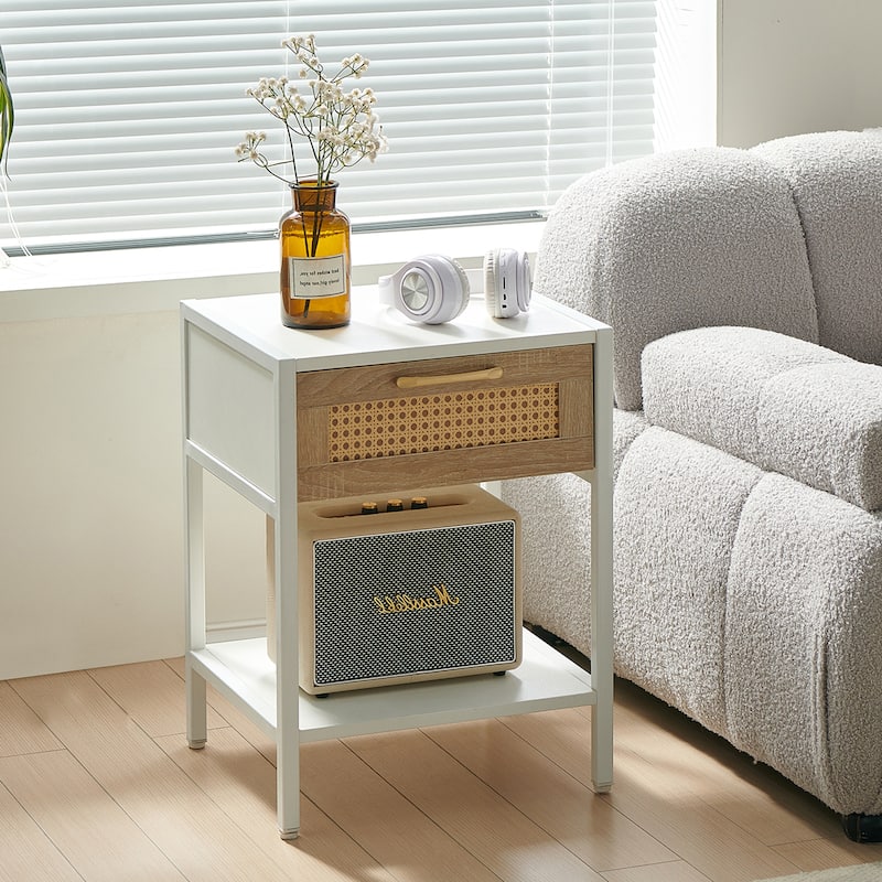 Rattan End table with drawer, Modern nightstand, metal legs,side table for living room, bedroom,white - Cream