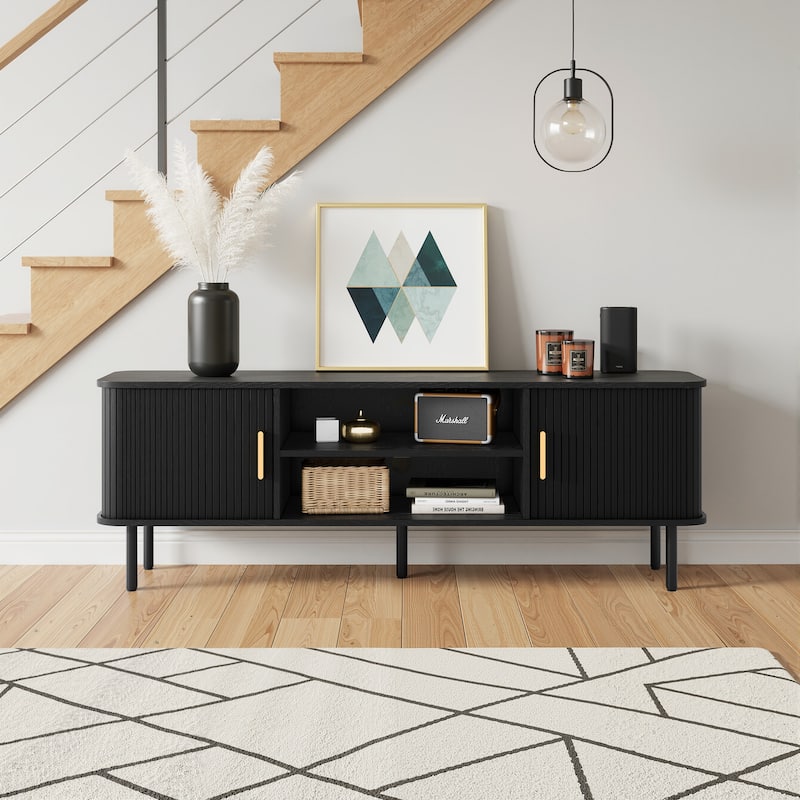 Mid-Century Modern Media Console, Tambour TV Stand with Storage Cabinet and Shelf