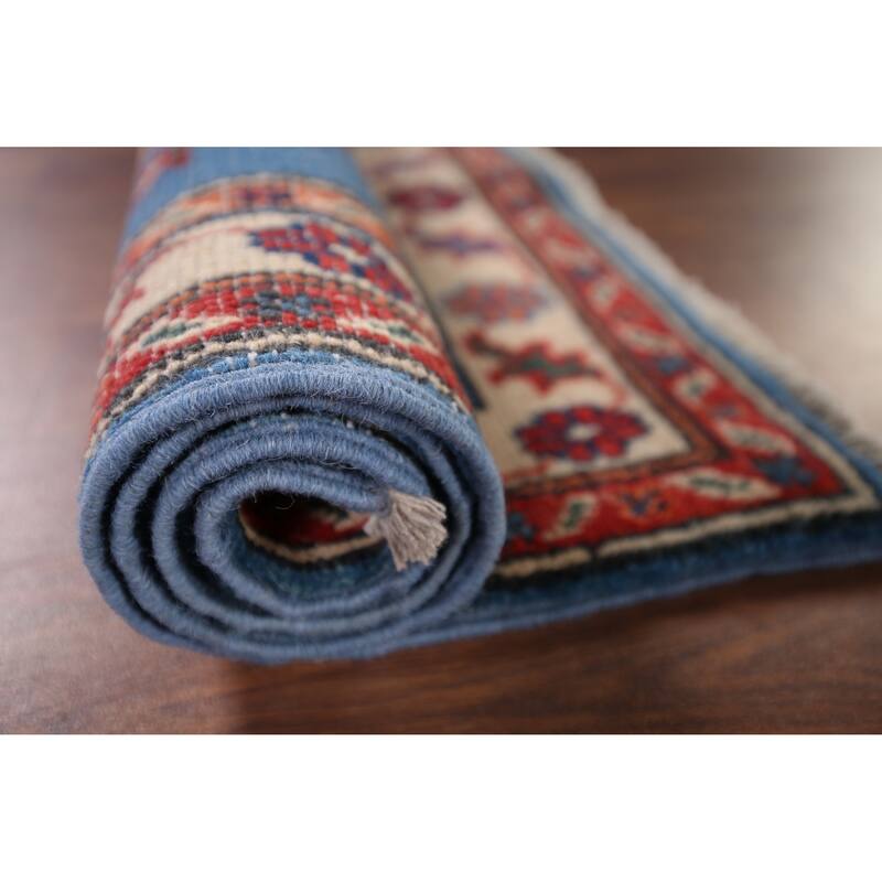 Geometric Blue Kazak Accent Rug Handmade Wool Carpet - 2'0" x 3'1"