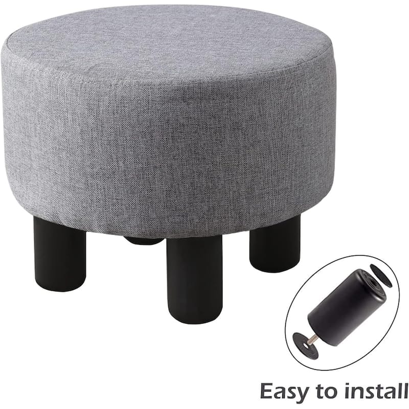 Modern Small Round Linen Ottoman Footstool with Wooden Legs for Bedroom or Living Room