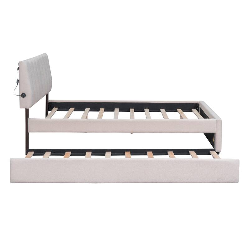 Full/Queen/Twin Teddy Fleece Upholstered Platform Bed with Trundle, LED Lighting, and Storage, Durable Frame, Beige/Grey