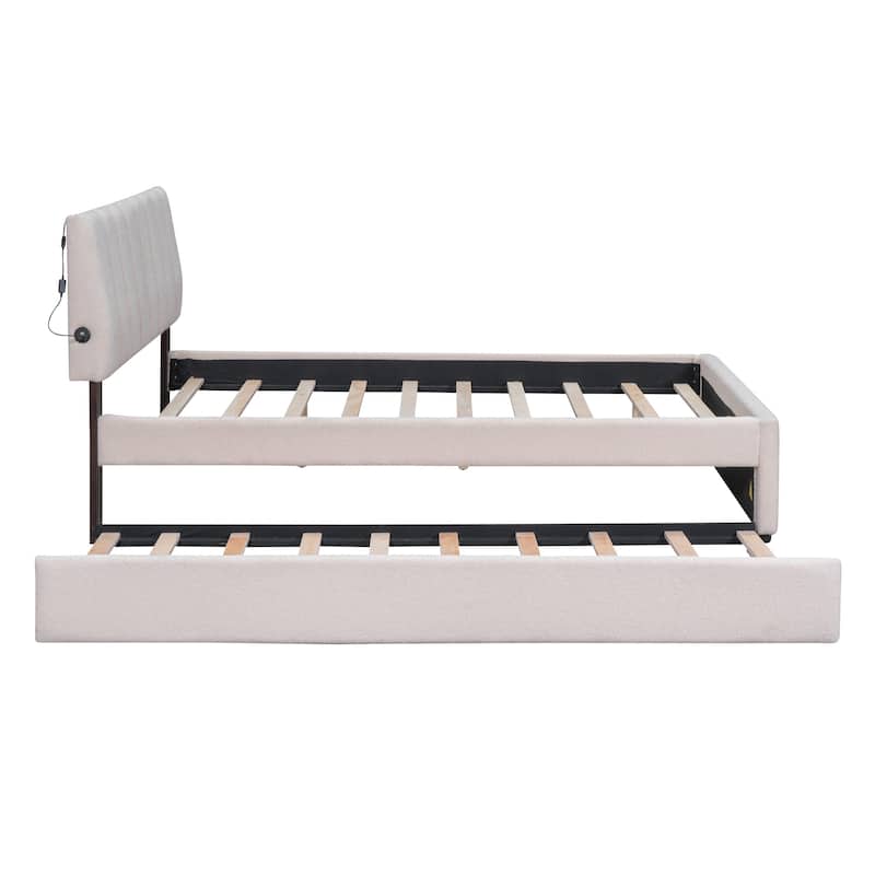 Teddy Fleece Upholstered Platform Bed w/ Trundle, LED Headboard