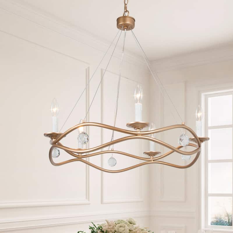 Modern Gold 5-light Linear Chandelier Wagon Wheel Candle Ceiling Lighting with Crystal Drop - D25"xH31.5"
