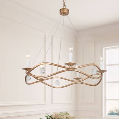 Modern Gold 5-light Linear Chandelier Wagon Wheel Candle Ceiling Lighting with Crystal Drop - D25"xH31.5"