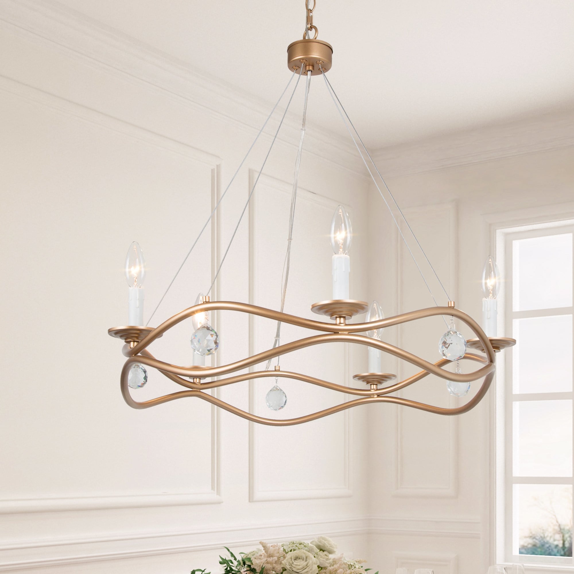Modern Gold 5-light Linear Chandelier Wagon Wheel Candle Ceiling Lighting with Crystal Drop - D25"xH31.5"