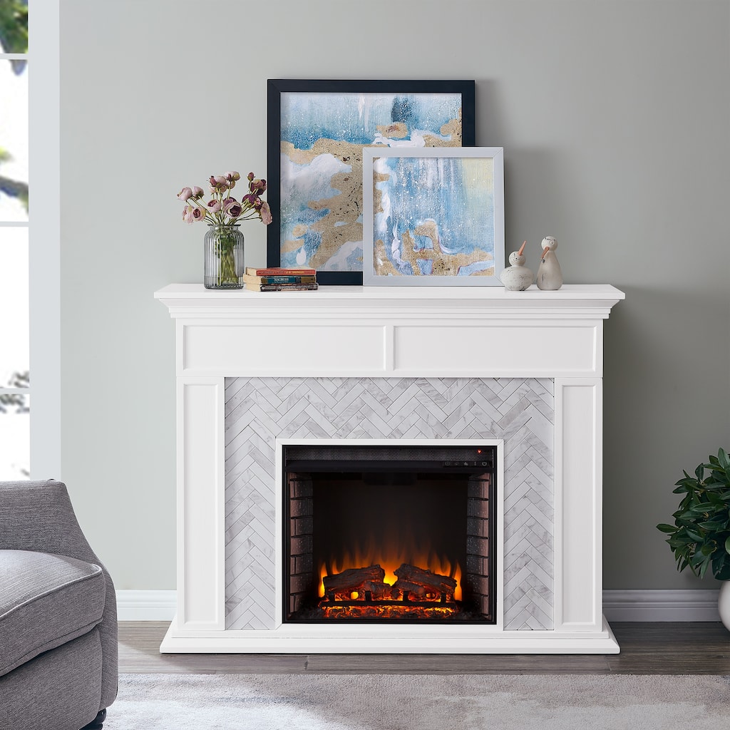 SEI Furniture Torton Contemporary Electric Fireplace with Chevron Marble Tiled Mantel