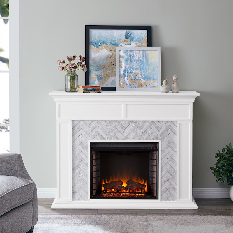 SEI Furniture Torton Contemporary Electric Fireplace with Chevron Marble Tiled Mantel - Brick Accent Firebox w/ White Mantel