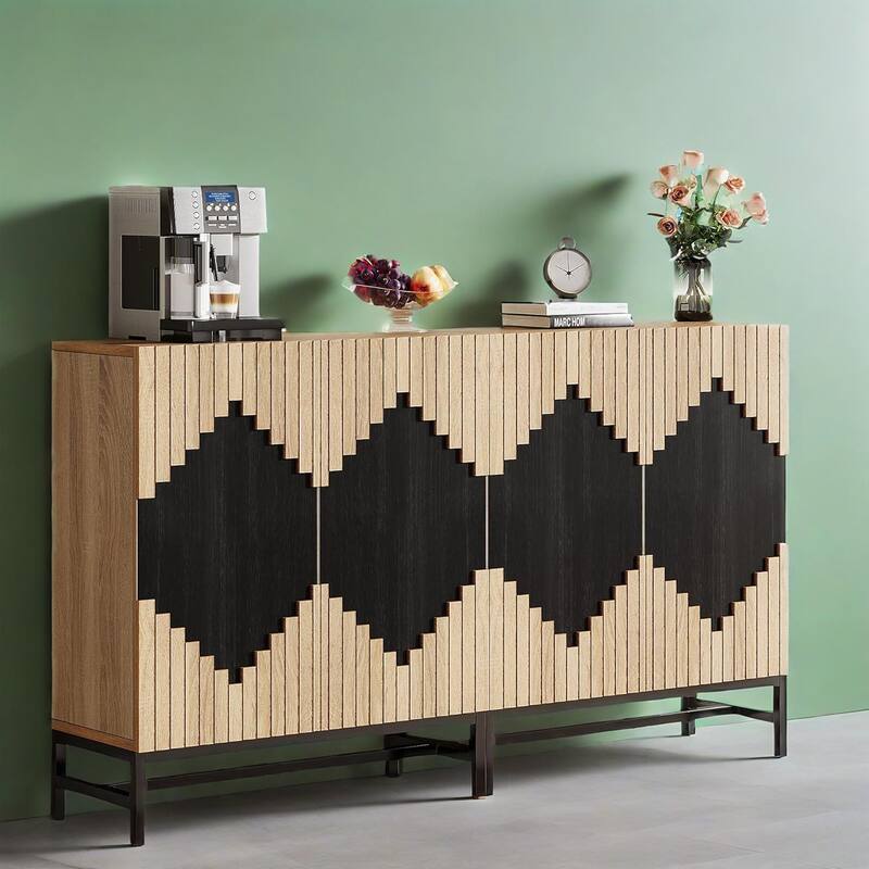 Farmhouse Buffet Sideboard Cabinet with Shelves Geometric Two-Tone Doors Storage TV Stand for Kitchen Dining Living Room