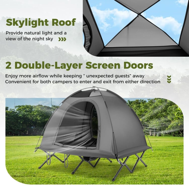 Grey Oxford Cloth Metal Elevated Camping Cot Tent for 2 Persons with Wheeled Bag - 77" x 71" x 59"