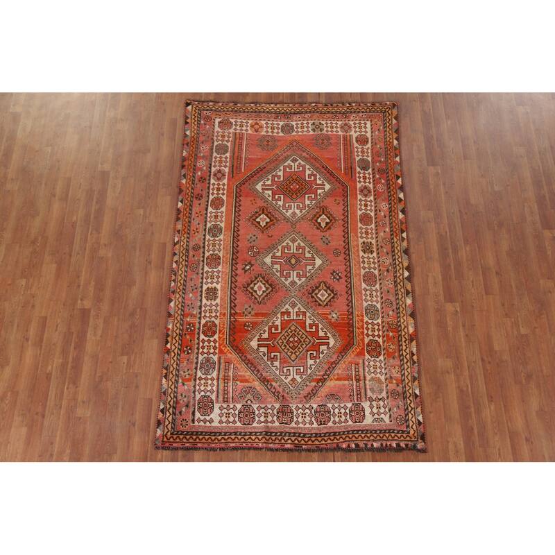 Hand Knotted Oriental 100% Wool Carpet Traditional Tribal Pink Qashqai Area Rug - 7' 10'' X 4' 10''