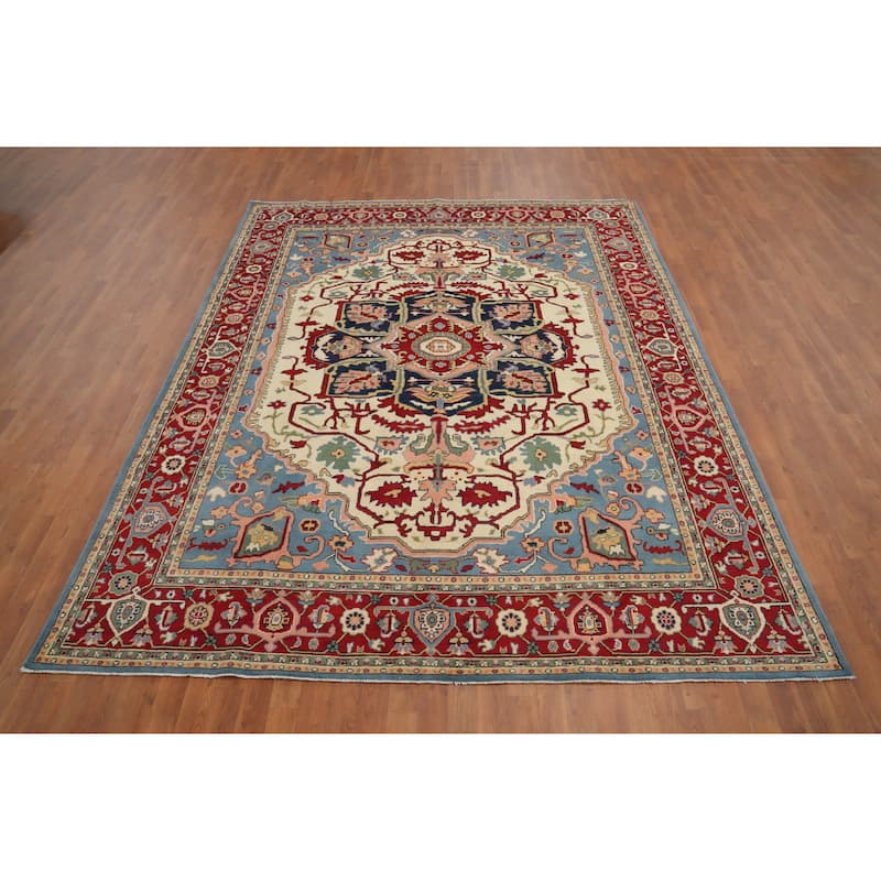 Hand Knotted Oriental 100% Wool Carpet Traditional Medallion Beige & Ivories Heriz (serapi) Area Rug - 9' 10'' X 7' 11''