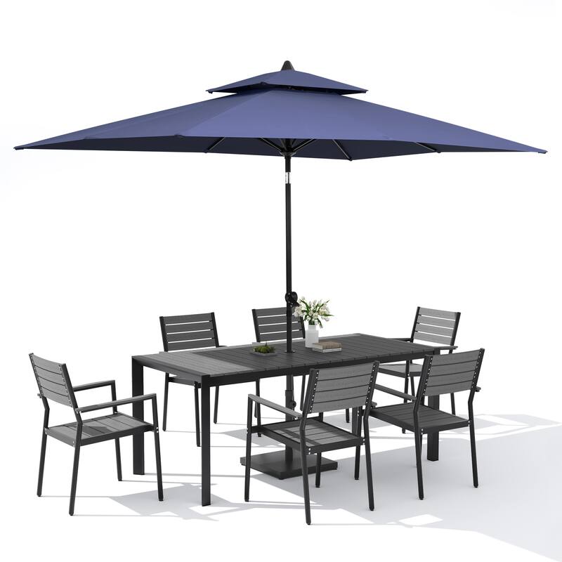 9-Piece Outdoor Patio Dining Set Wood Like Aluminum Umbrella Hole Table with Stackable Armchairs, Market Umbrella and Base