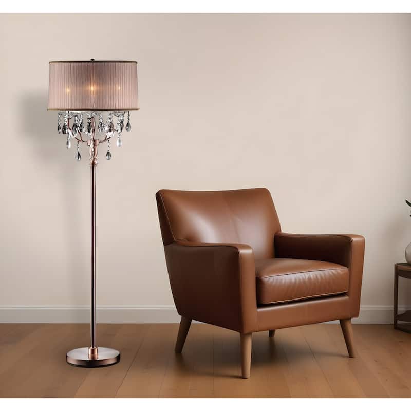 Silver Metal Candelabra Floor Lamp with Pink Fabric Drum Shades and Inline Switch - 18.5” x 18.5” x 62” (D x W x H)