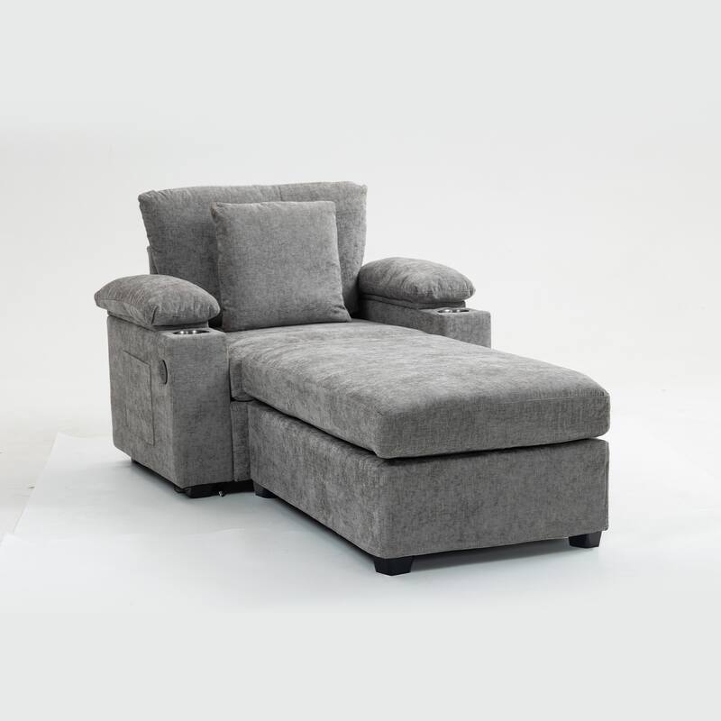 Modern 58" Oversized Chaise Lounger Armchair with Ottoman, Chenille Sleeper Sofa Couch with Charge Station & USB Ports