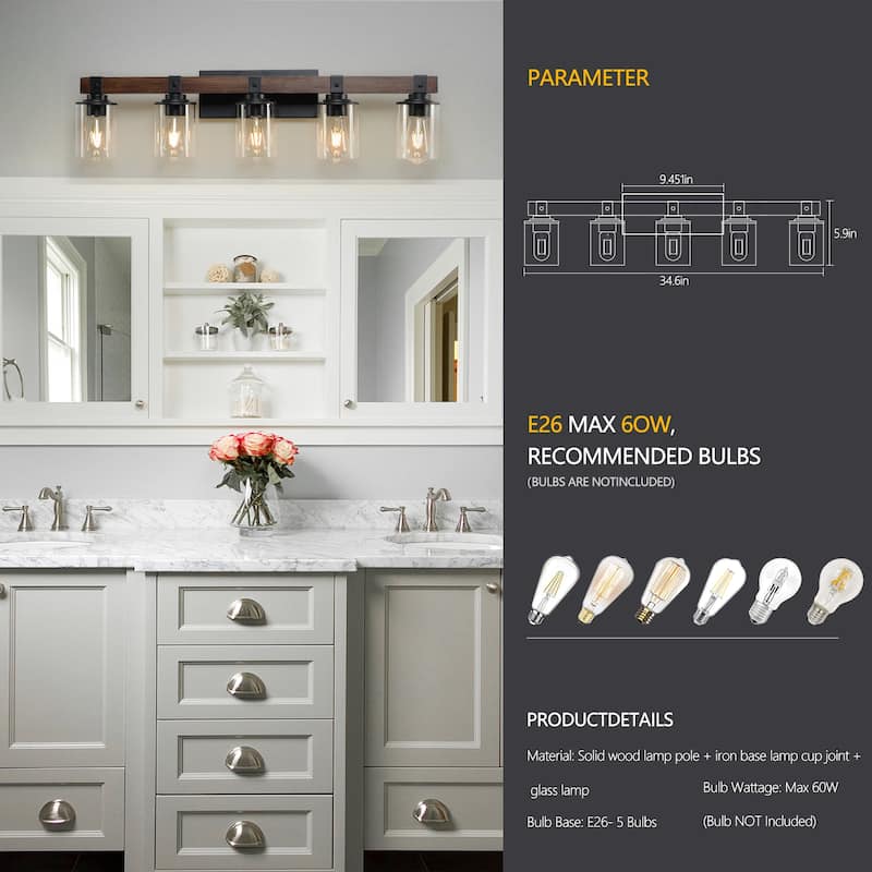 Modern Design 5-Lights Farmhouse Vanity Lights Fixture Rustic Bathroom Light Fixture Bathroom Sconce (No Bulbs)