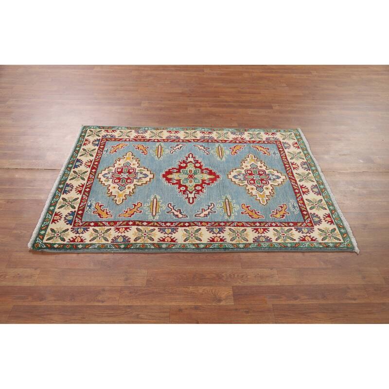 Light Blue Medallion Kazak Oriental Rug Hand-Knotted Wool Carpet - 3'5" x 4'10"