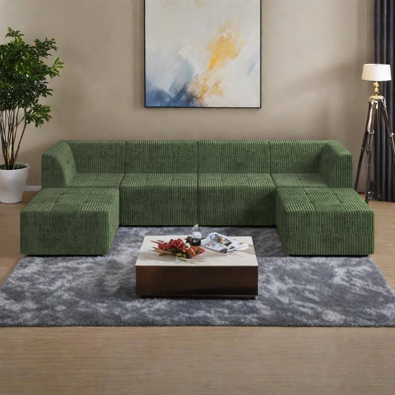 130.32" U-Shaped Corduroy Modular Sectional Sofa with No-Assembly Foam Construction & Convertible Sleeper